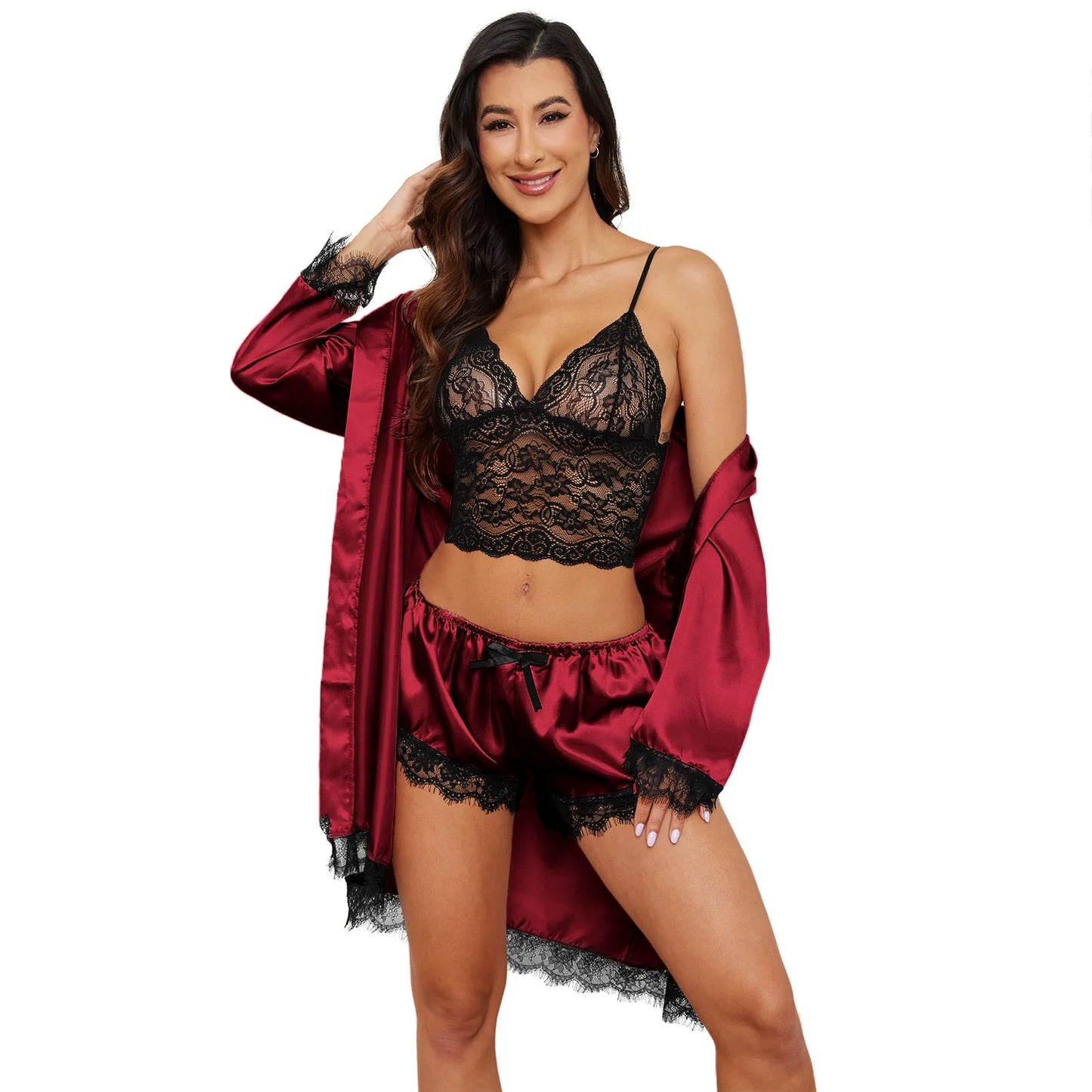 Sexy Lingerie,  Silk Satin Pajamas for Women, Womens Summer Pajamas Pjs Sets of 4 Pcs with Floral Lace Top Shorts and Robe, Gift for Women, Black, XXL